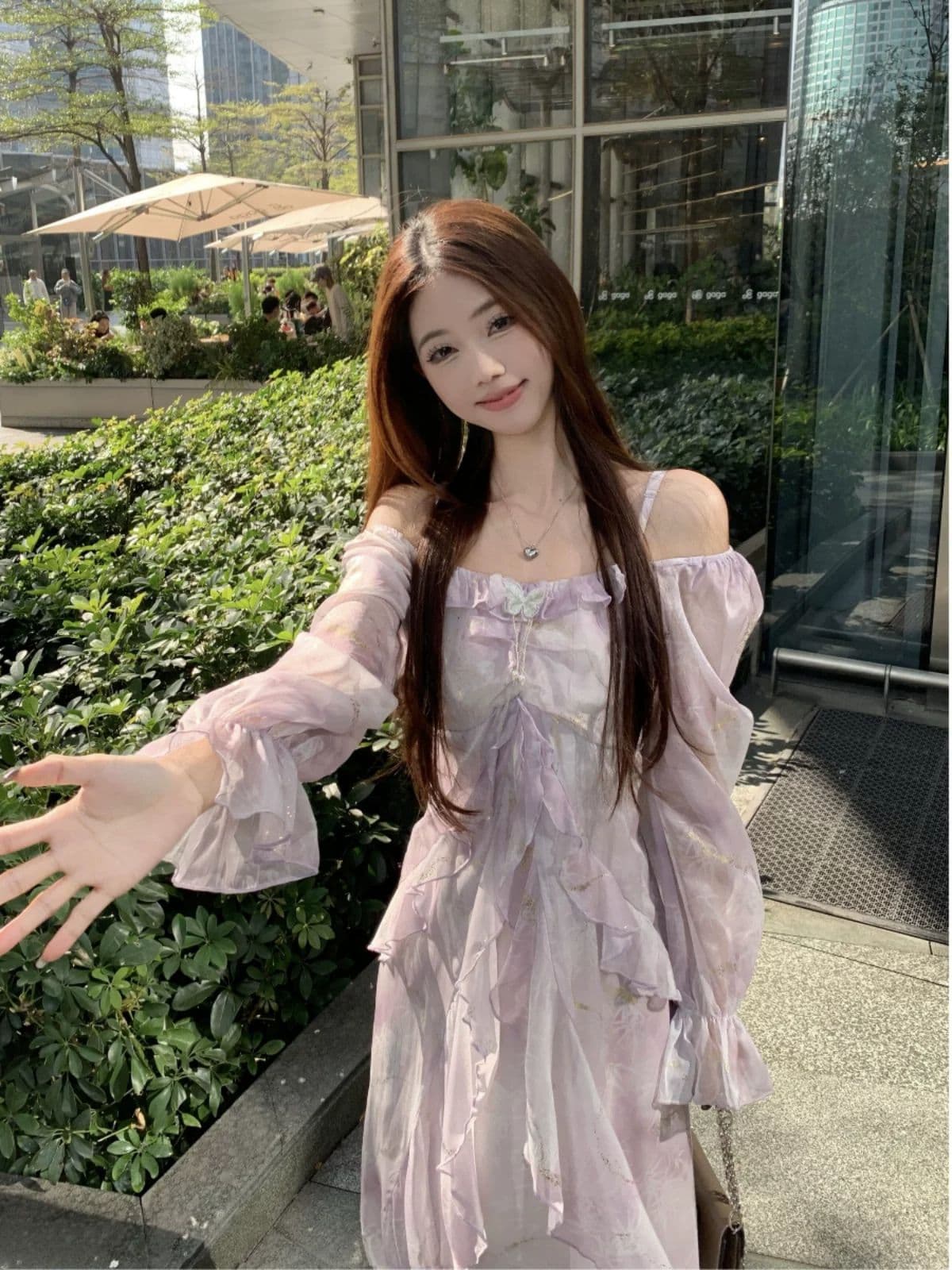 빅 사이즈 프랑스식 보라색 긴팔 슬립 드레스 여성 의류 봄 지방 mm 표지 배 슬림해 보이는 프릴 품격 롱 스커트