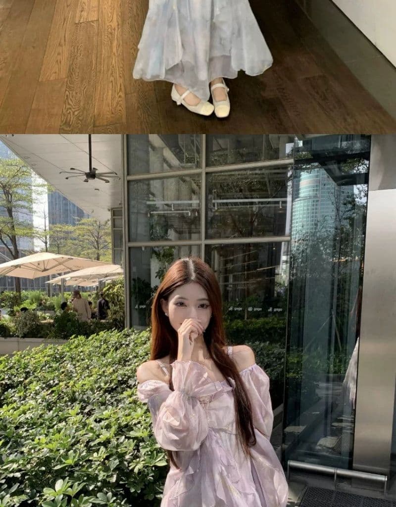 빅 사이즈 프랑스식 보라색 긴팔 슬립 드레스 여성 의류 봄 지방 mm 표지 배 슬림해 보이는 프릴 품격 롱 스커트 상세 이미지 2