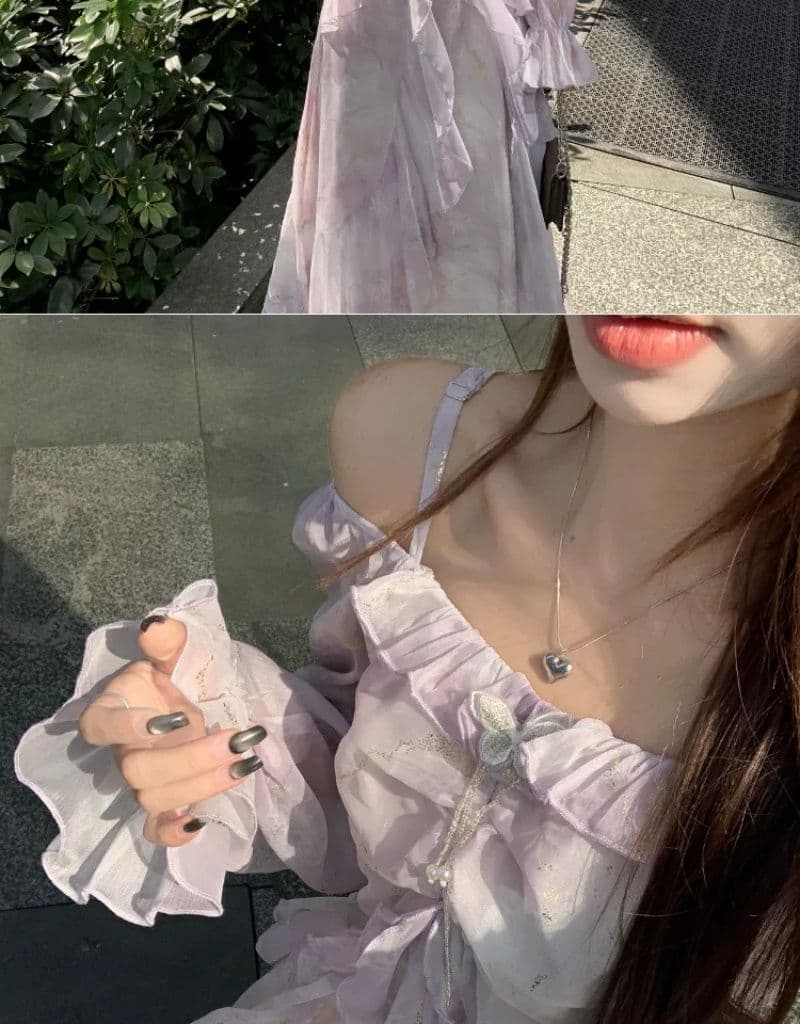 빅 사이즈 프랑스식 보라색 긴팔 슬립 드레스 여성 의류 봄 지방 mm 표지 배 슬림해 보이는 프릴 품격 롱 스커트 상세 이미지 3