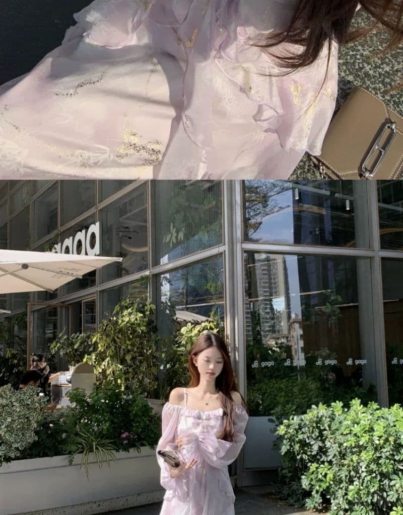 빅 사이즈 프랑스식 보라색 긴팔 슬립 드레스 여성 의류 봄 지방 mm 표지 배 슬림해 보이는 프릴 품격 롱 스커트 상세 이미지 4