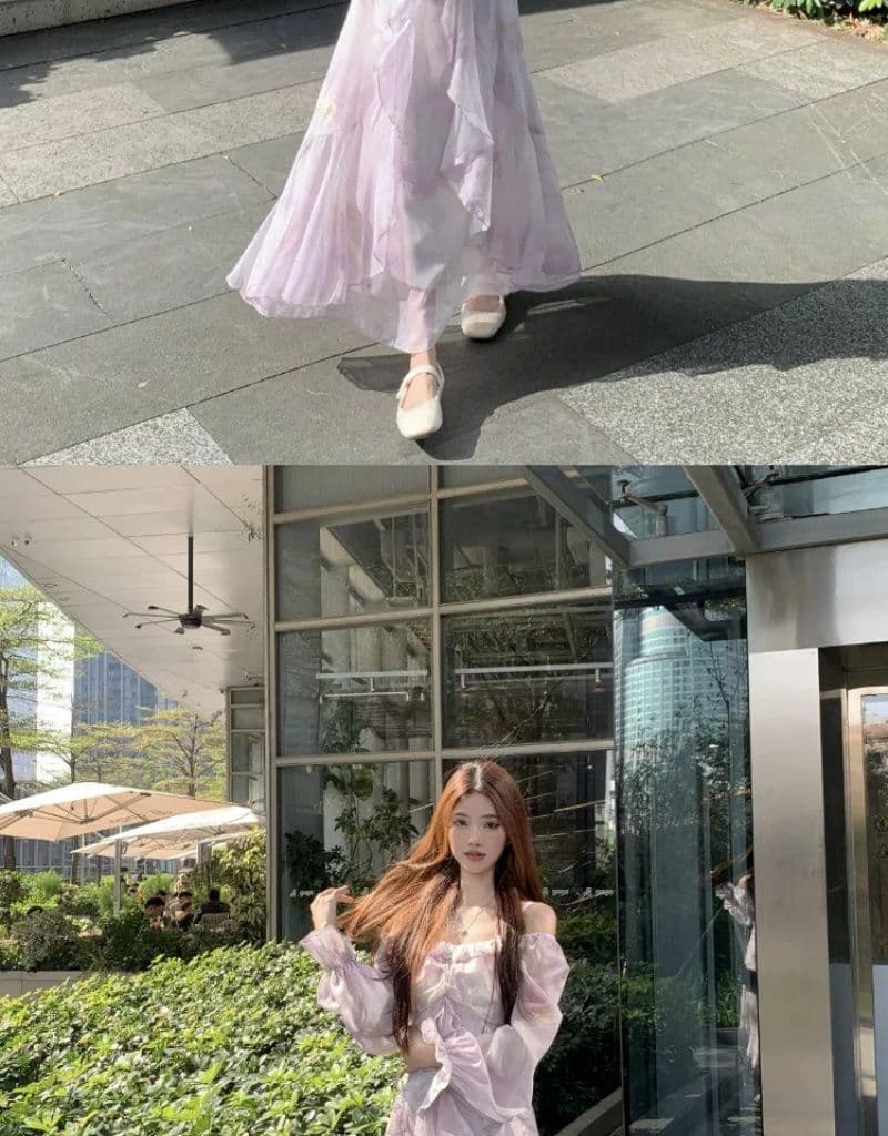 빅 사이즈 프랑스식 보라색 긴팔 슬립 드레스 여성 의류 봄 지방 mm 표지 배 슬림해 보이는 프릴 품격 롱 스커트 상세 이미지 5