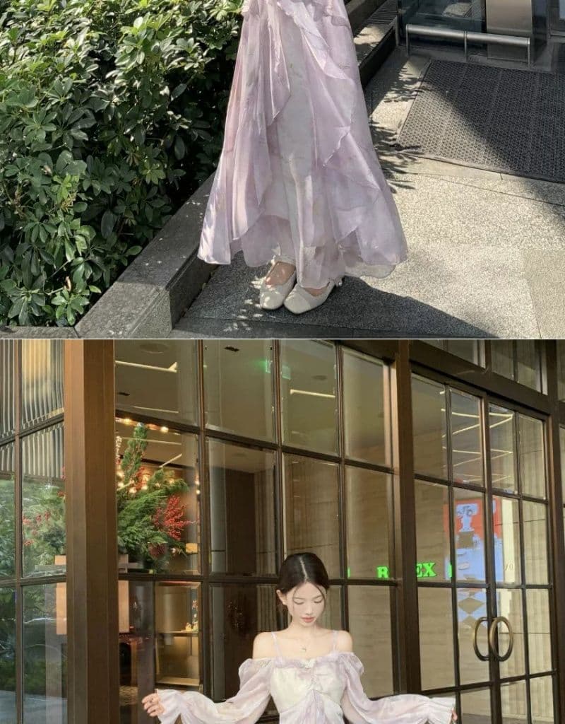 빅 사이즈 프랑스식 보라색 긴팔 슬립 드레스 여성 의류 봄 지방 mm 표지 배 슬림해 보이는 프릴 품격 롱 스커트 상세 이미지 6
