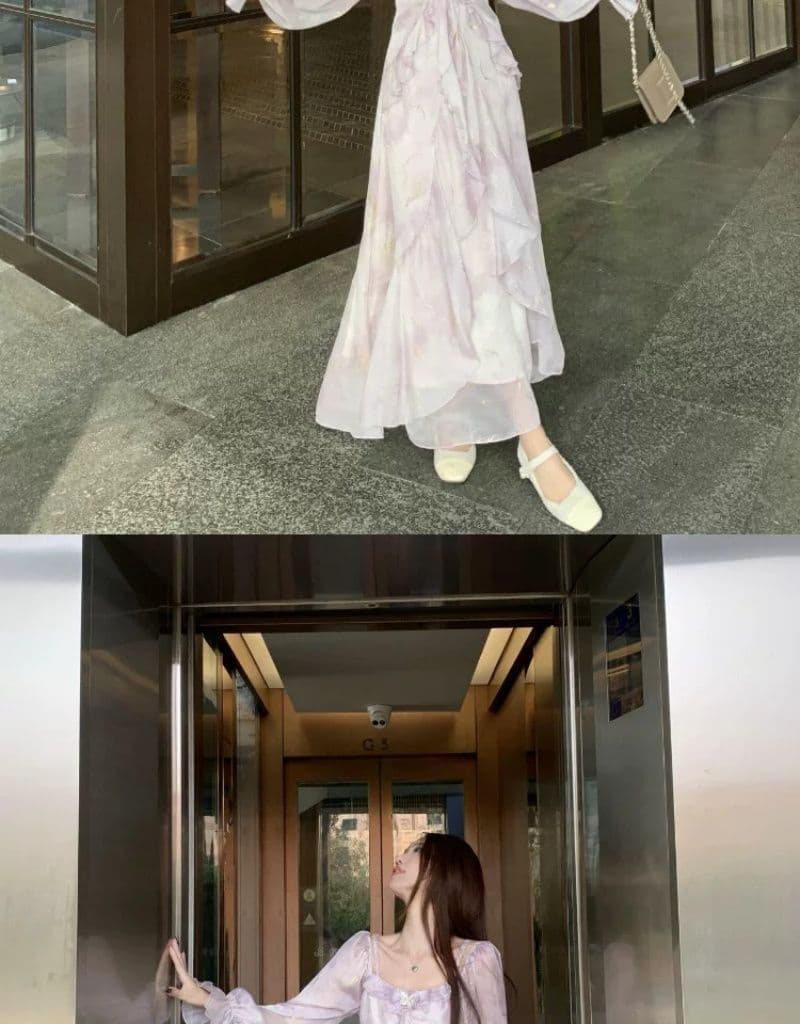 빅 사이즈 프랑스식 보라색 긴팔 슬립 드레스 여성 의류 봄 지방 mm 표지 배 슬림해 보이는 프릴 품격 롱 스커트 상세 이미지 7