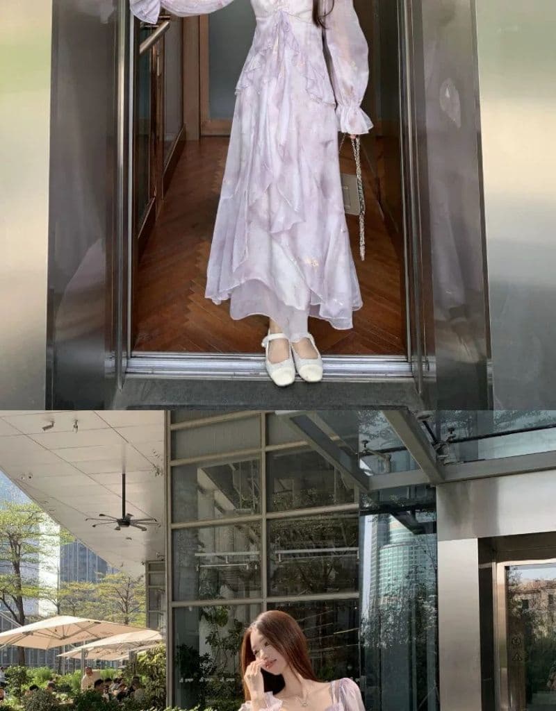 빅 사이즈 프랑스식 보라색 긴팔 슬립 드레스 여성 의류 봄 지방 mm 표지 배 슬림해 보이는 프릴 품격 롱 스커트 상세 이미지 8