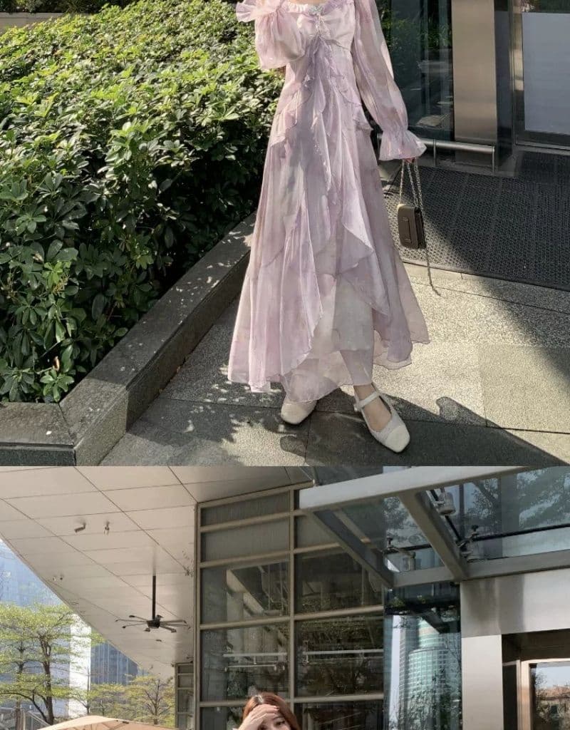 빅 사이즈 프랑스식 보라색 긴팔 슬립 드레스 여성 의류 봄 지방 mm 표지 배 슬림해 보이는 프릴 품격 롱 스커트 상세 이미지 9