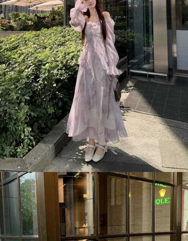 빅 사이즈 프랑스식 보라색 긴팔 슬립 드레스 여성 의류 봄 지방 mm 표지 배 슬림해 보이는 프릴 품격 롱 스커트 상세 이미지 10