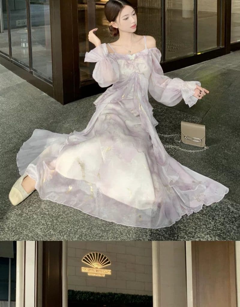 빅 사이즈 프랑스식 보라색 긴팔 슬립 드레스 여성 의류 봄 지방 mm 표지 배 슬림해 보이는 프릴 품격 롱 스커트 상세 이미지 11