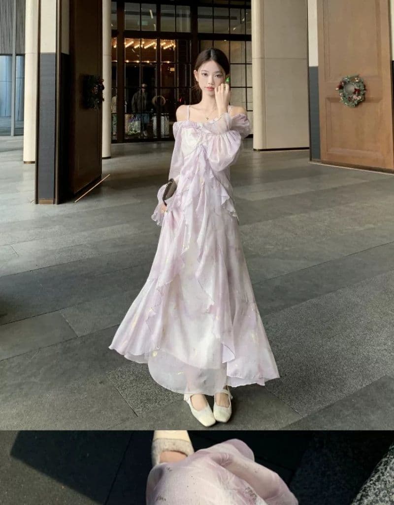빅 사이즈 프랑스식 보라색 긴팔 슬립 드레스 여성 의류 봄 지방 mm 표지 배 슬림해 보이는 프릴 품격 롱 스커트 상세 이미지 12