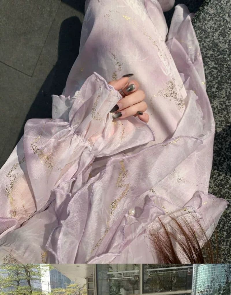 빅 사이즈 프랑스식 보라색 긴팔 슬립 드레스 여성 의류 봄 지방 mm 표지 배 슬림해 보이는 프릴 품격 롱 스커트 상세 이미지 13