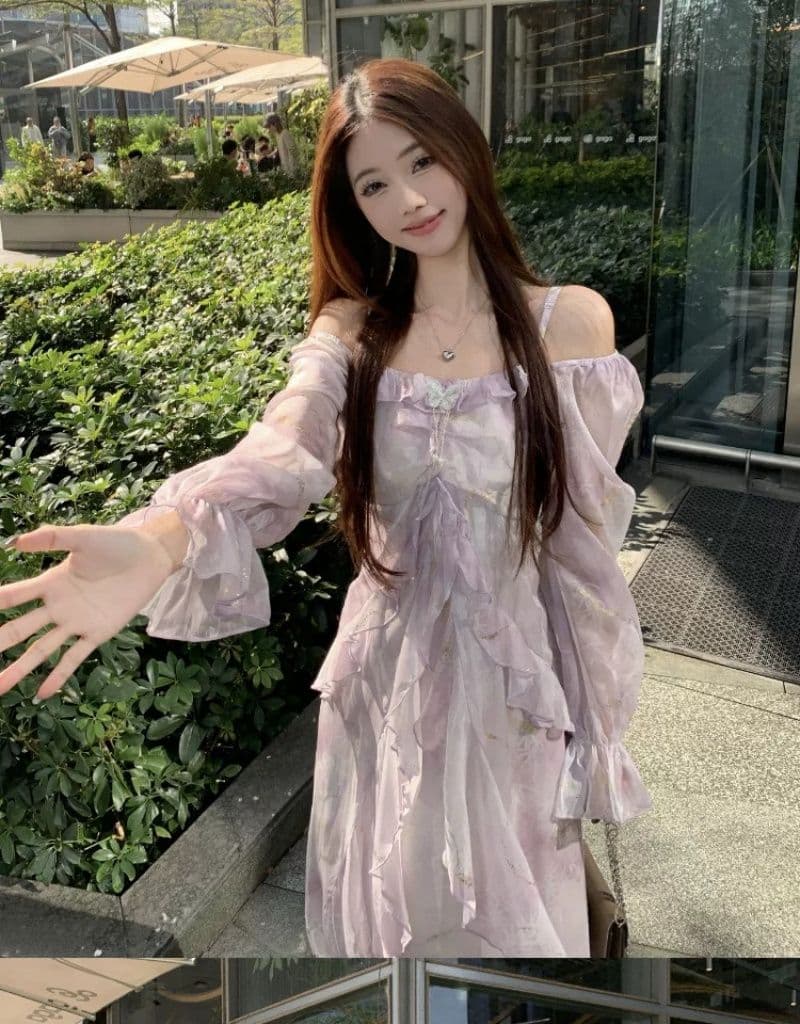 빅 사이즈 프랑스식 보라색 긴팔 슬립 드레스 여성 의류 봄 지방 mm 표지 배 슬림해 보이는 프릴 품격 롱 스커트 상세 이미지 14