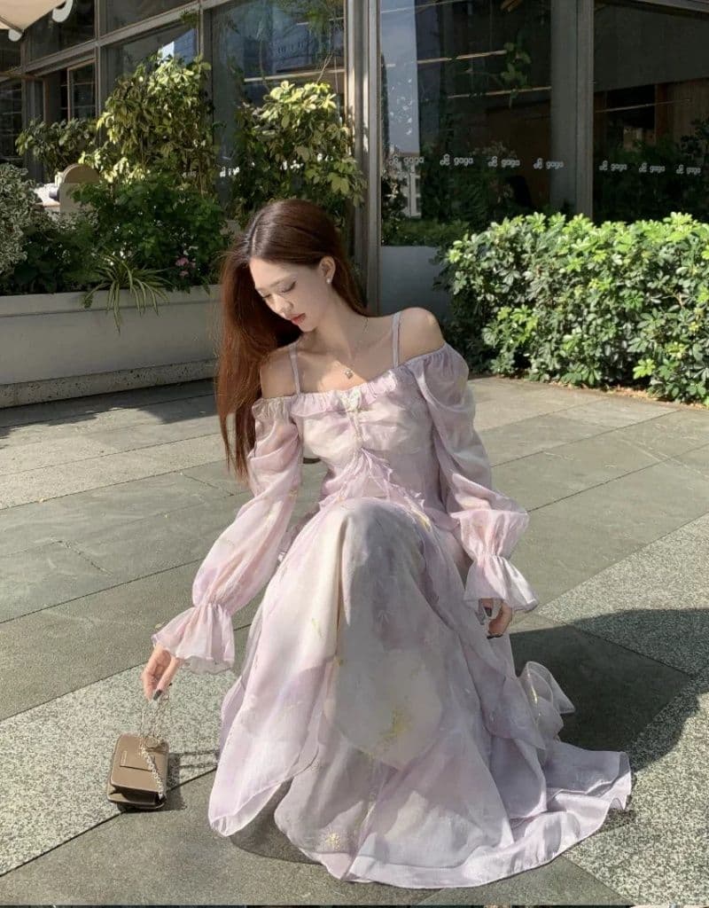 빅 사이즈 프랑스식 보라색 긴팔 슬립 드레스 여성 의류 봄 지방 mm 표지 배 슬림해 보이는 프릴 품격 롱 스커트 상세 이미지 15