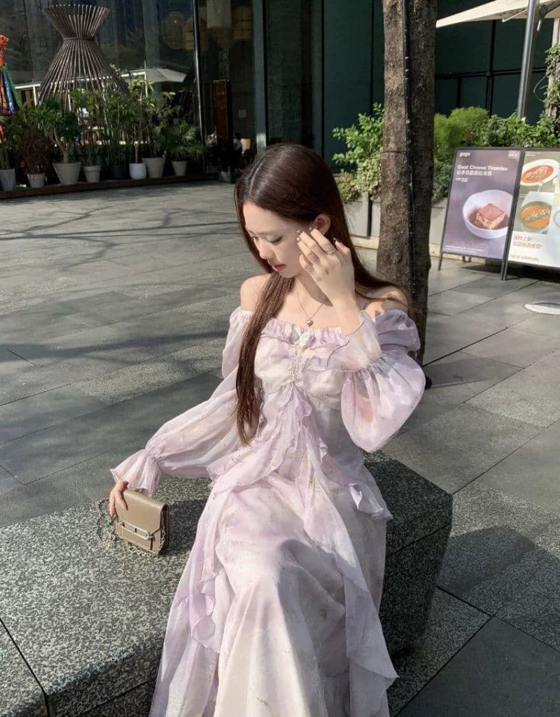 빅 사이즈 프랑스식 보라색 긴팔 슬립 드레스 여성 의류 봄 지방 mm 표지 배 슬림해 보이는 프릴 품격 롱 스커트 상세 이미지 16