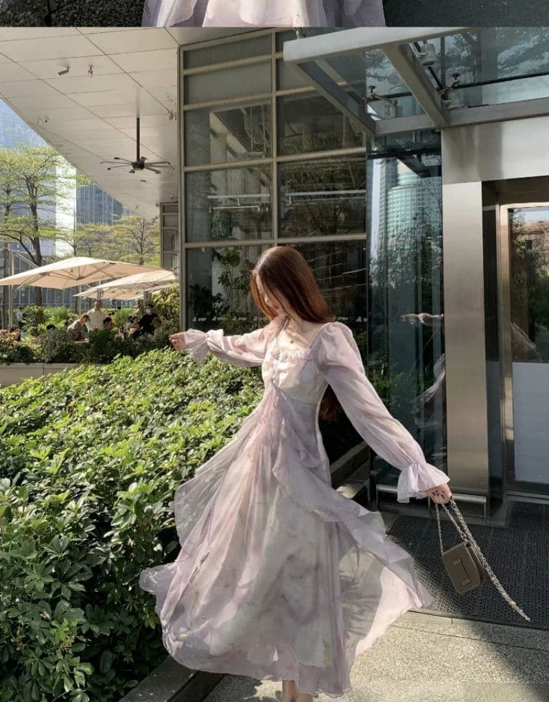 빅 사이즈 프랑스식 보라색 긴팔 슬립 드레스 여성 의류 봄 지방 mm 표지 배 슬림해 보이는 프릴 품격 롱 스커트 상세 이미지 17