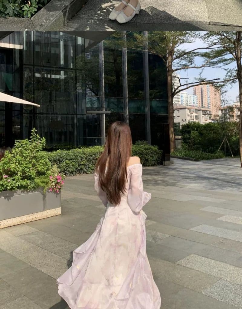 빅 사이즈 프랑스식 보라색 긴팔 슬립 드레스 여성 의류 봄 지방 mm 표지 배 슬림해 보이는 프릴 품격 롱 스커트 상세 이미지 18