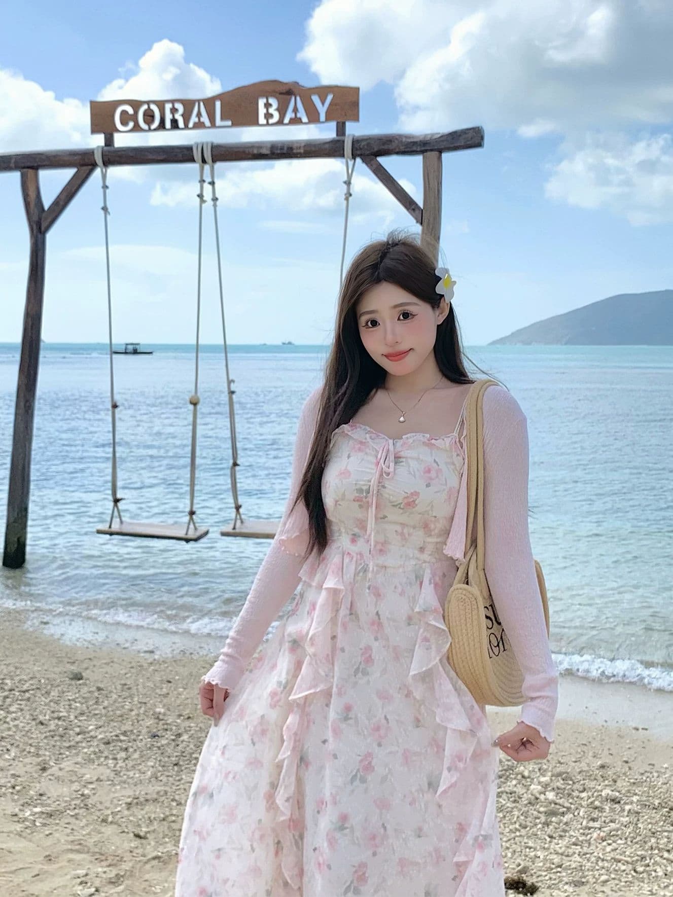 2026 여름 핑크색 꽃무늬 드레스 부드러운 품격 민소매 허리 수축 롱 코트 슬립 드레스 이미지 2
