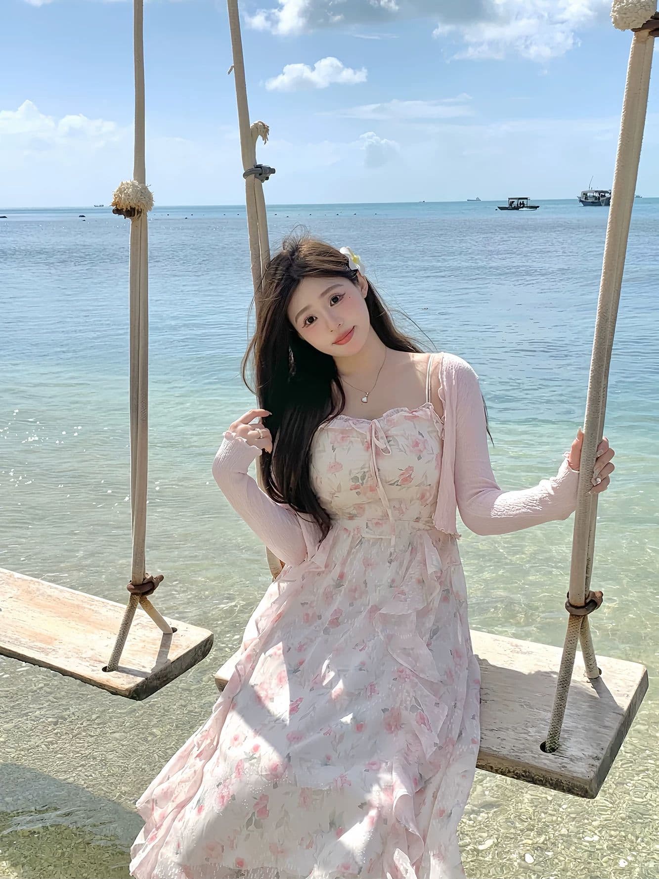 2026 여름 핑크색 꽃무늬 드레스 부드러운 품격 민소매 허리 수축 롱 코트 슬립 드레스 이미지 3