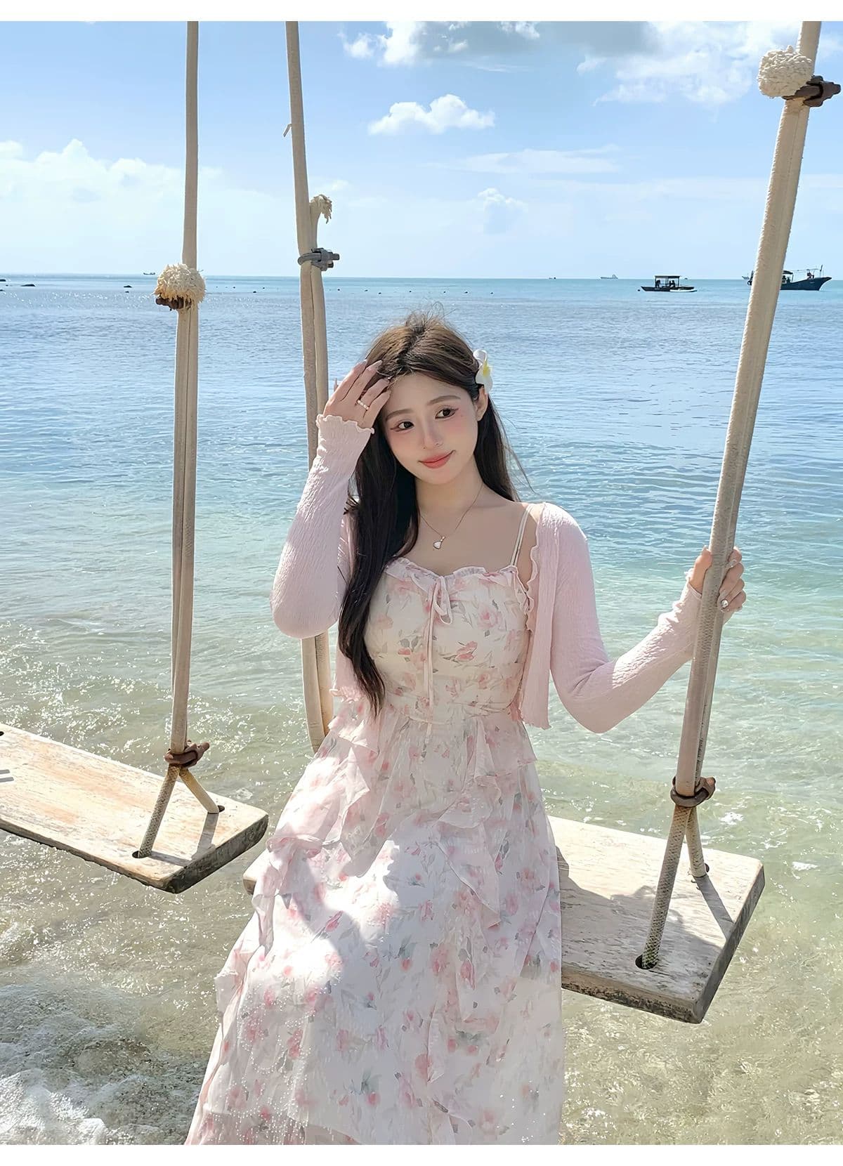 2026 여름 핑크색 꽃무늬 드레스 부드러운 품격 민소매 허리 수축 롱 코트 슬립 드레스 상세 이미지 4