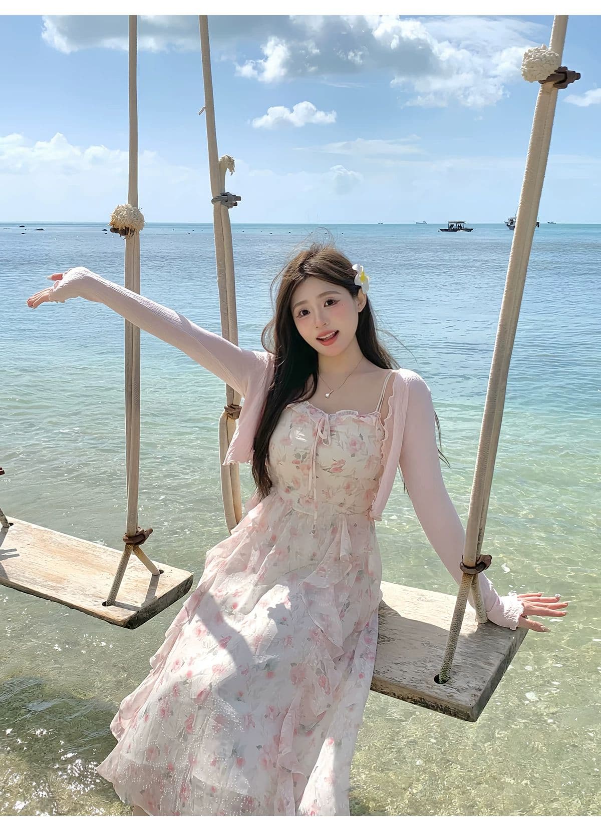 2026 여름 핑크색 꽃무늬 드레스 부드러운 품격 민소매 허리 수축 롱 코트 슬립 드레스 상세 이미지 5