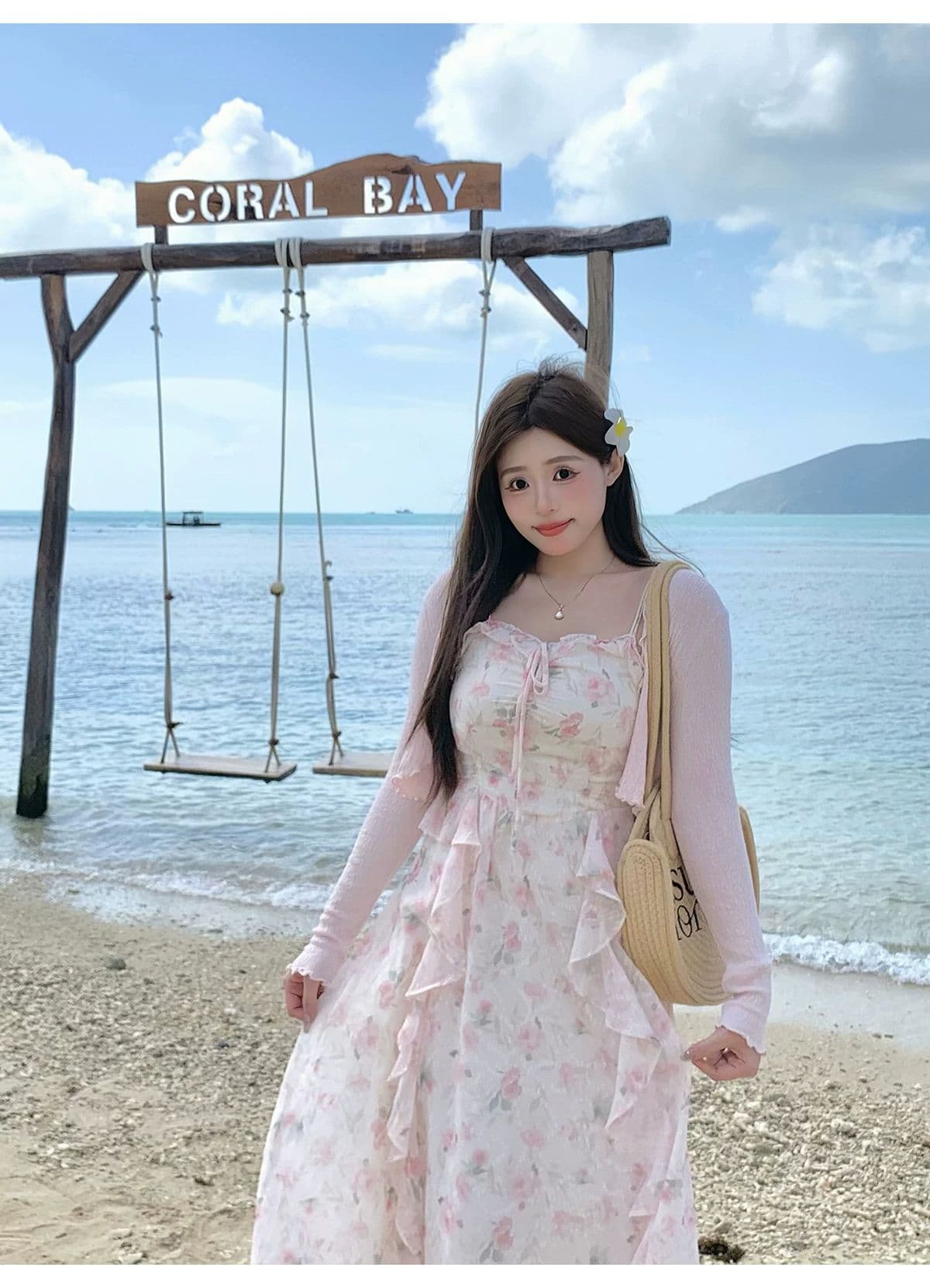 2026 여름 핑크색 꽃무늬 드레스 부드러운 품격 민소매 허리 수축 롱 코트 슬립 드레스 상세 이미지 6