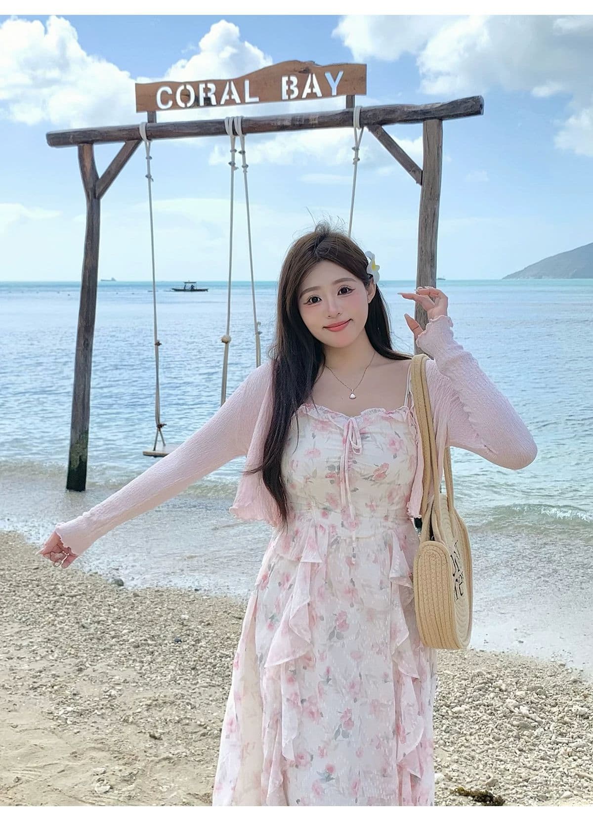 2026 여름 핑크색 꽃무늬 드레스 부드러운 품격 민소매 허리 수축 롱 코트 슬립 드레스 상세 이미지 7