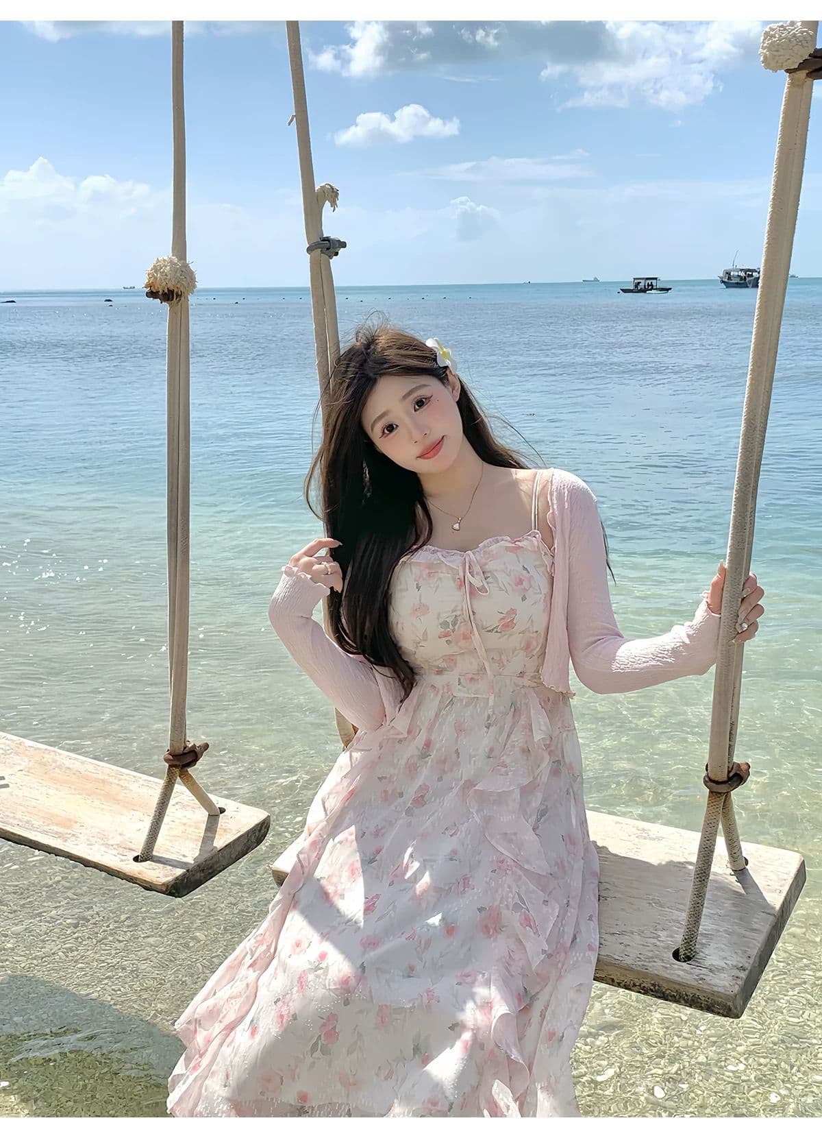 2026 여름 핑크색 꽃무늬 드레스 부드러운 품격 민소매 허리 수축 롱 코트 슬립 드레스 상세 이미지 8