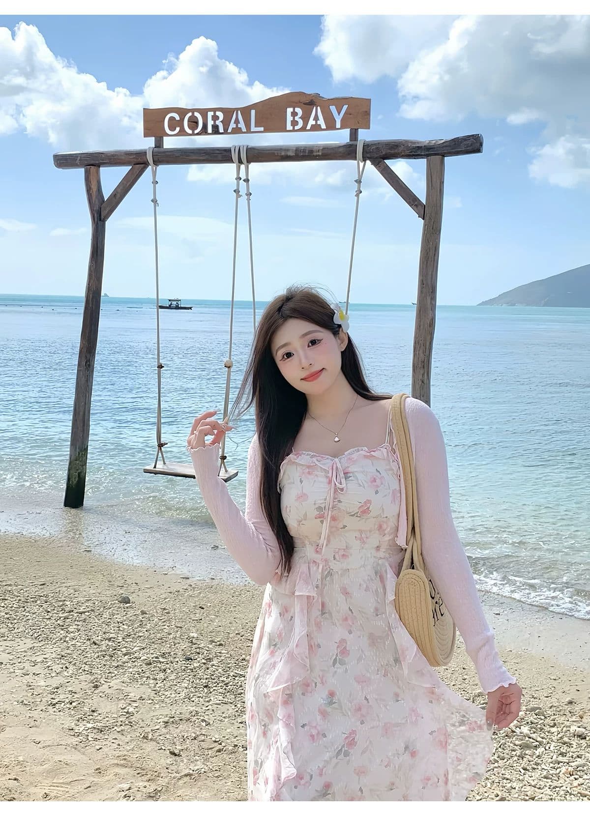 2026 여름 핑크색 꽃무늬 드레스 부드러운 품격 민소매 허리 수축 롱 코트 슬립 드레스 상세 이미지 9