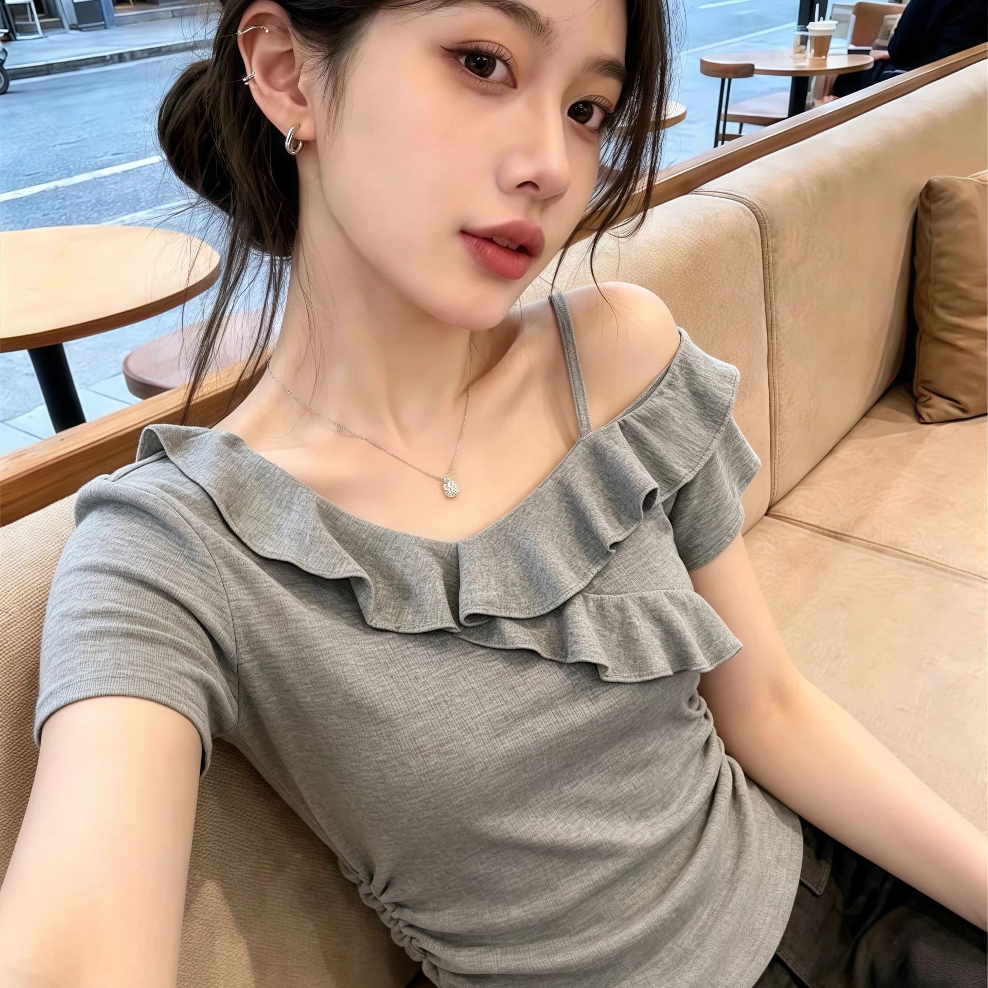 260 그램 사람들 면 회색 고급 센스 프릴 비스듬한 어깨 반팔 티셔츠 여성 여름 핫걸 오프숄더 아름다운 맨위