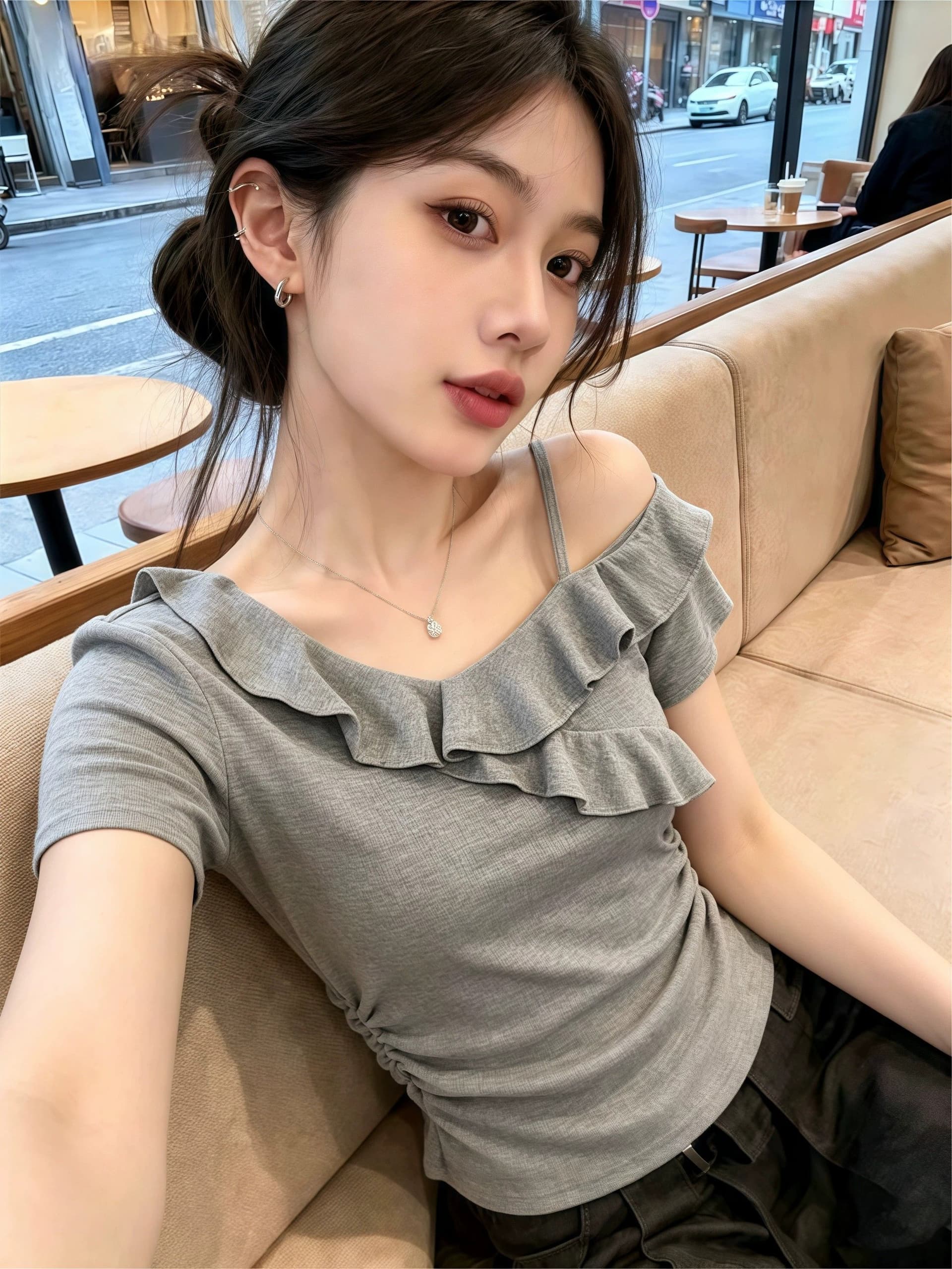 260 그램 사람들 면 회색 고급 센스 프릴 비스듬한 어깨 반팔 티셔츠 여성 여름 핫걸 오프숄더 아름다운 맨위 상세 이미지 1