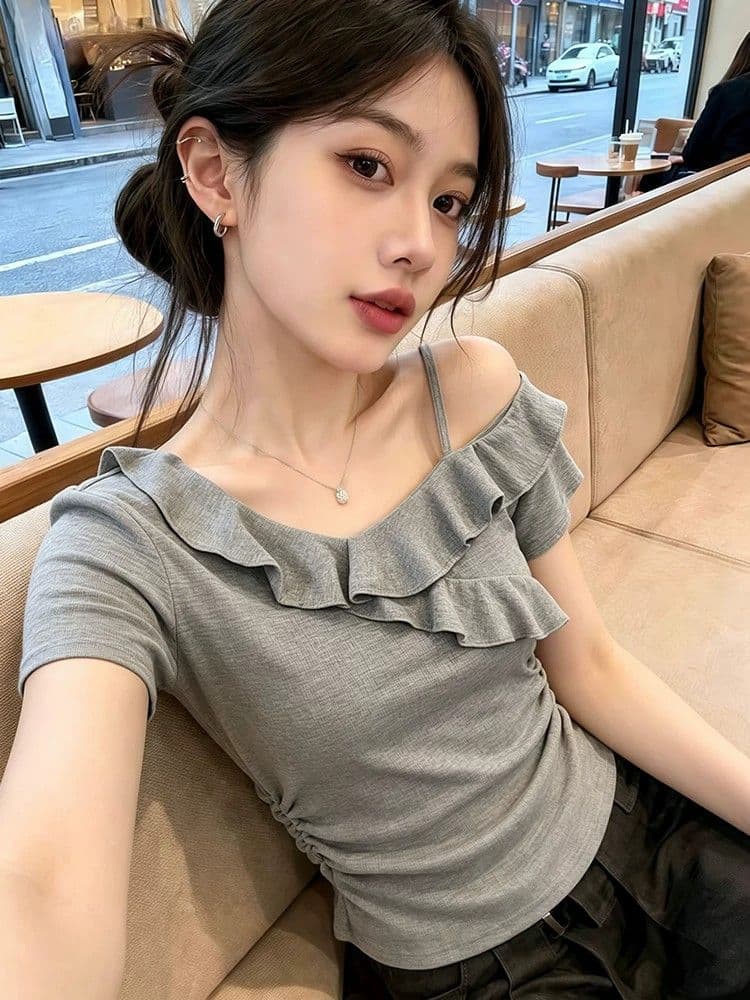 260 그램 사람들 면 회색 고급 센스 프릴 비스듬한 어깨 반팔 티셔츠 여성 여름 핫걸 오프숄더 아름다운 맨위 상세 이미지 2