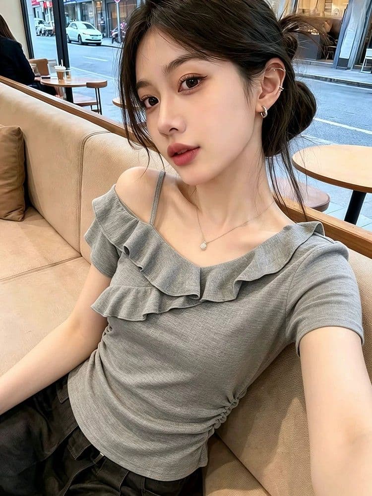 260 그램 사람들 면 회색 고급 센스 프릴 비스듬한 어깨 반팔 티셔츠 여성 여름 핫걸 오프숄더 아름다운 맨위 상세 이미지 3