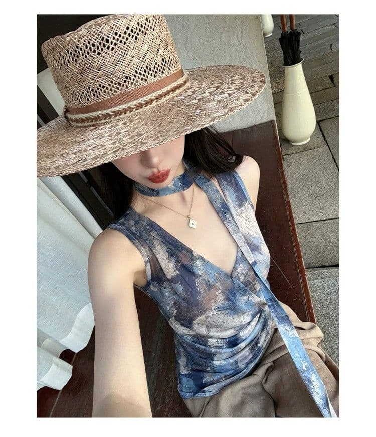 한국 스타일 헤일로 염색 프린트 V넥 민소매 캐미솔 여름 허리 수축 디자인 센스 작은 대중 주름 리본 맨위 상세 이미지 2