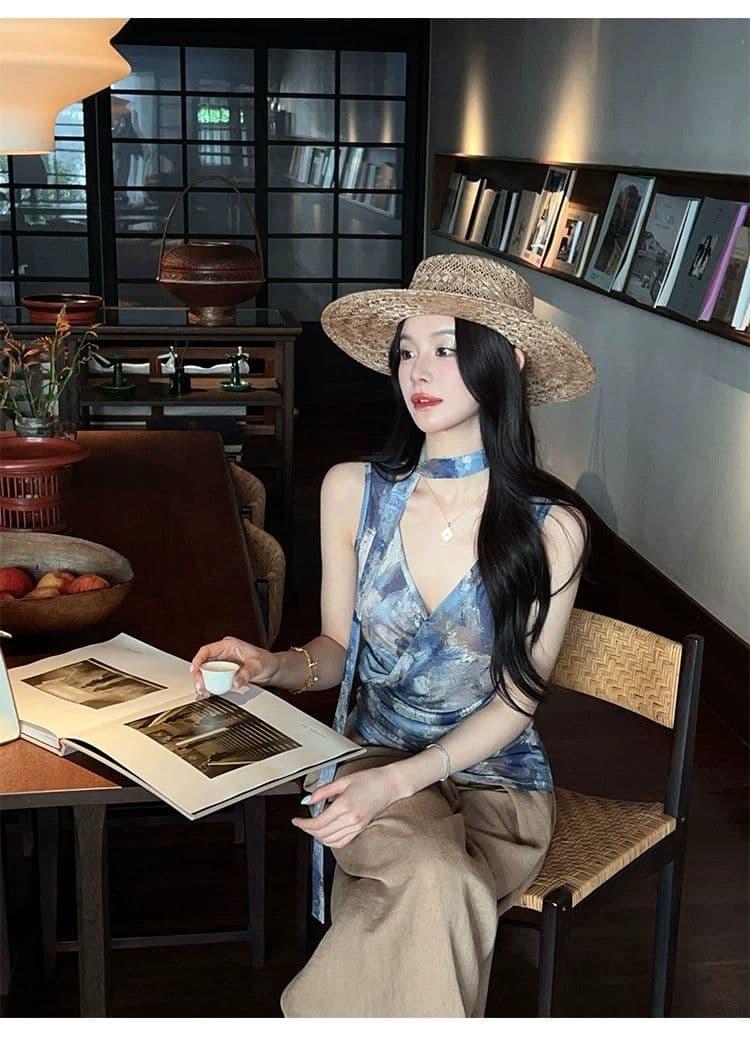 한국 스타일 헤일로 염색 프린트 V넥 민소매 캐미솔 여름 허리 수축 디자인 센스 작은 대중 주름 리본 맨위 상세 이미지 3