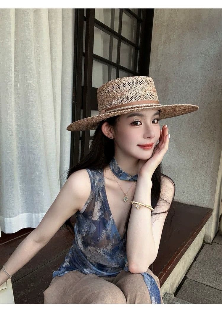 한국 스타일 헤일로 염색 프린트 V넥 민소매 캐미솔 여름 허리 수축 디자인 센스 작은 대중 주름 리본 맨위 상세 이미지 9
