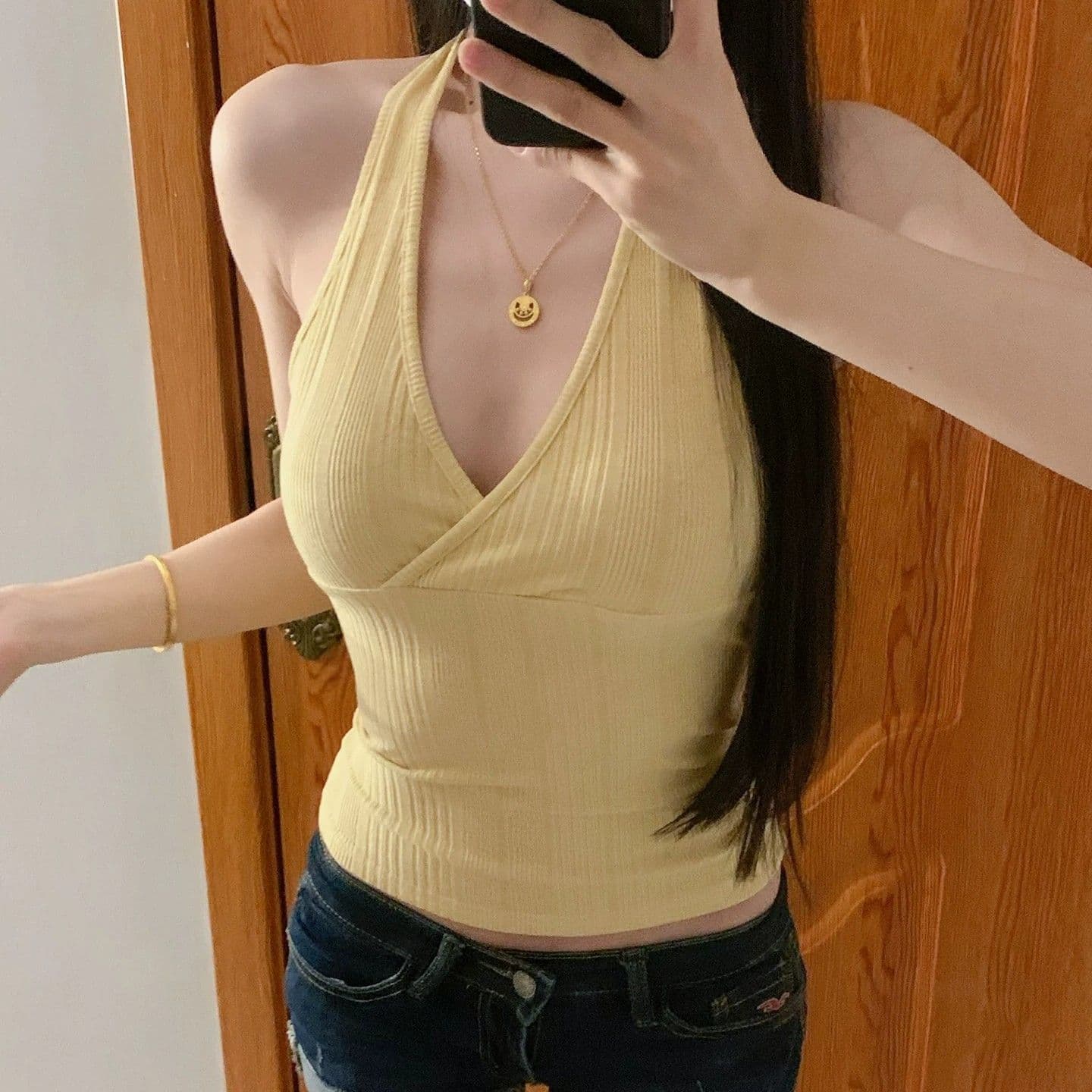 원본 원단 것 순수한 욕망 바람 행침 목 슬립 V넥 황색 조끼 여성 여름 핫걸 민소매 백리스 맨위 이미지 2