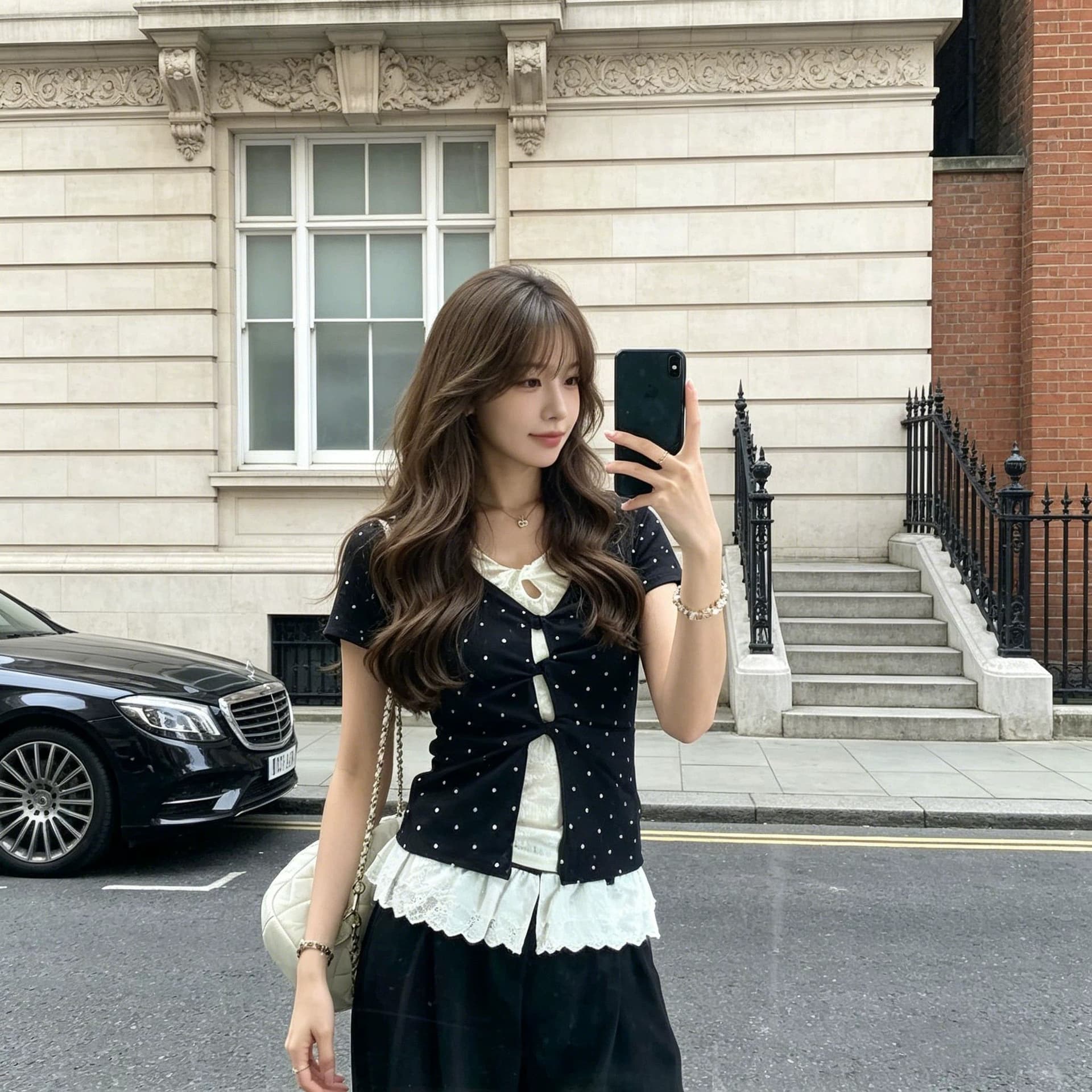 260 그램 사람들 면 검정색 도트 무늬 페이크 레이어드 레이스 긍정적 인 어깨 반팔 티셔츠 여성 여름 한 부서 디자인 센스 맨위 상세 이미지 2