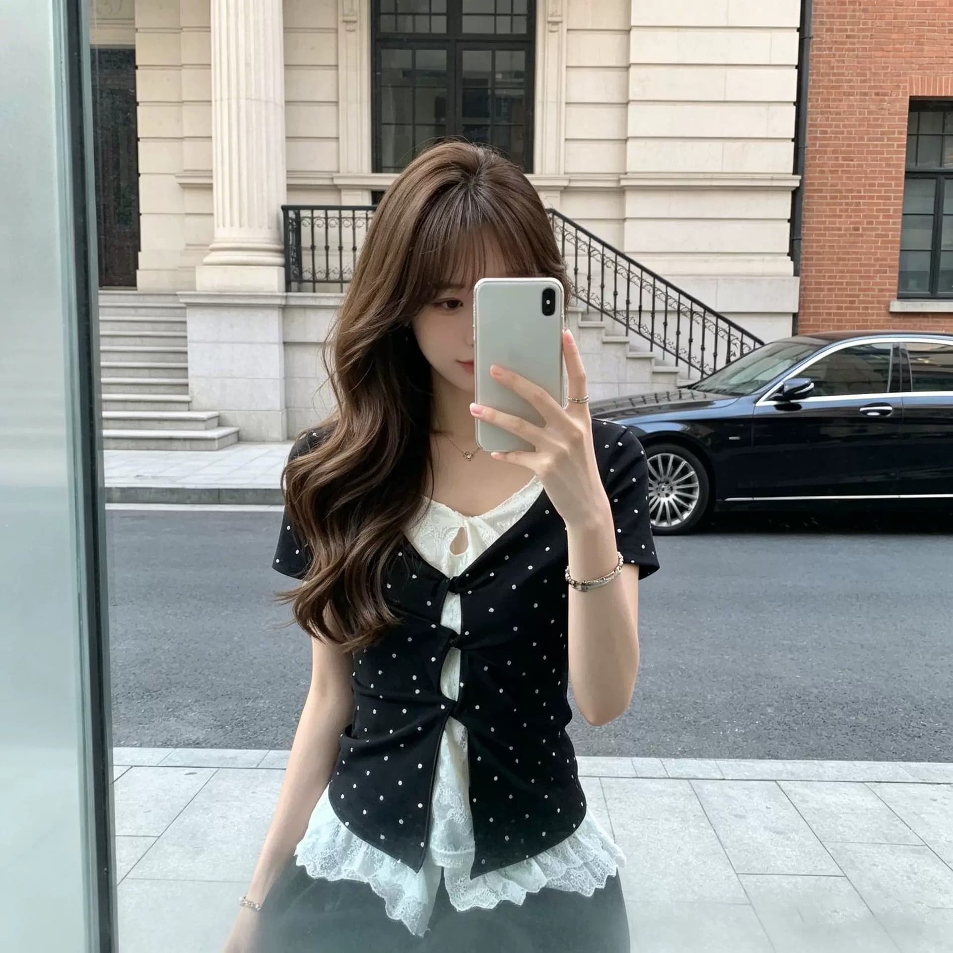 260 그램 사람들 면 검정색 도트 무늬 페이크 레이어드 레이스 긍정적 인 어깨 반팔 티셔츠 여성 여름 한 부서 디자인 센스 맨위 상세 이미지 6