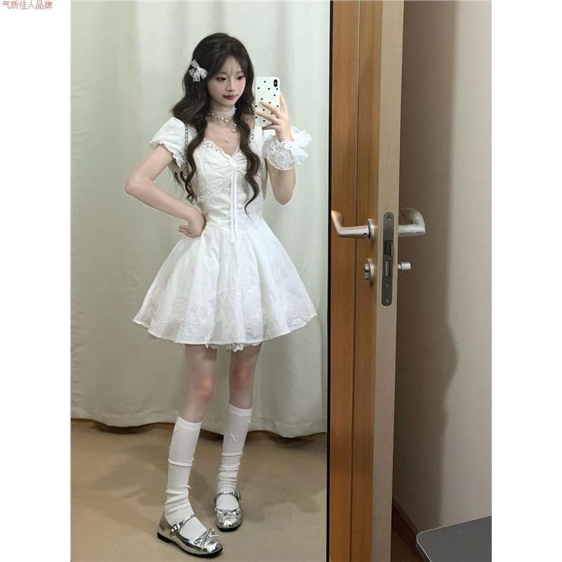 순면 자카드 원단 네리 지퍼 하나 첫사랑 달콤함 화이트 레이스 패치워크 자수 드레스 허리 수축 치마 이미지 2