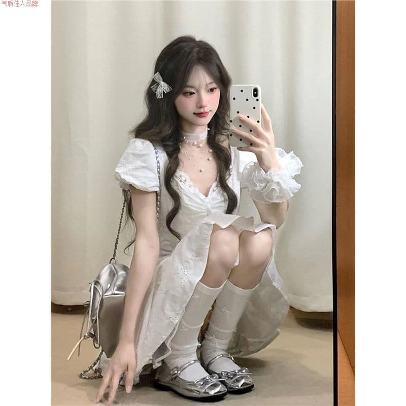 순면 자카드 원단 네리 지퍼 하나 첫사랑 달콤함 화이트 레이스 패치워크 자수 드레스 허리 수축 치마 이미지 3