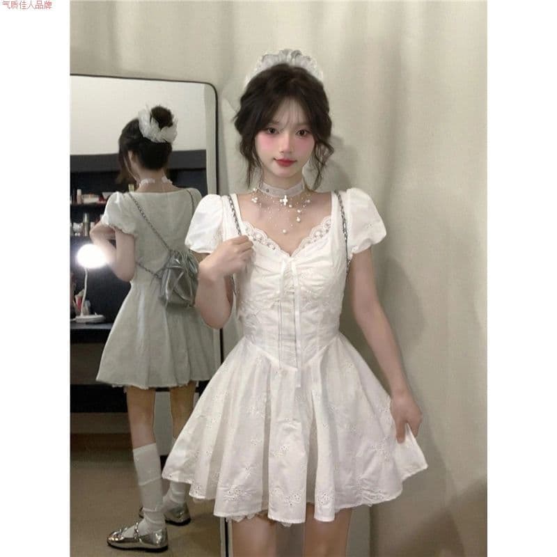 순면 자카드 원단 네리 지퍼 하나 첫사랑 달콤함 화이트 레이스 패치워크 자수 드레스 허리 수축 치마