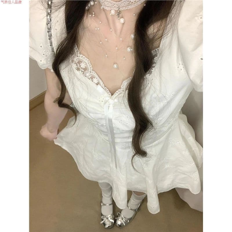 순면 자카드 원단 네리 지퍼 하나 첫사랑 달콤함 화이트 레이스 패치워크 자수 드레스 허리 수축 치마 이미지 4