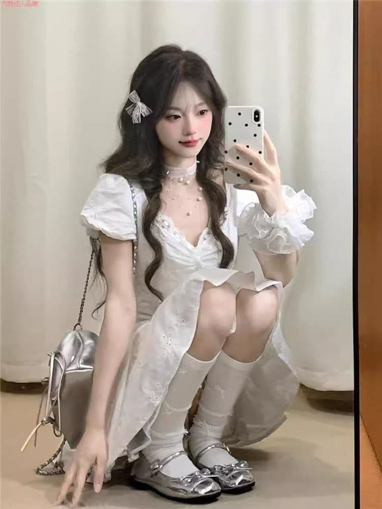 순면 자카드 원단 네리 지퍼 하나 첫사랑 달콤함 화이트 레이스 패치워크 자수 드레스 허리 수축 치마 상세 이미지 3