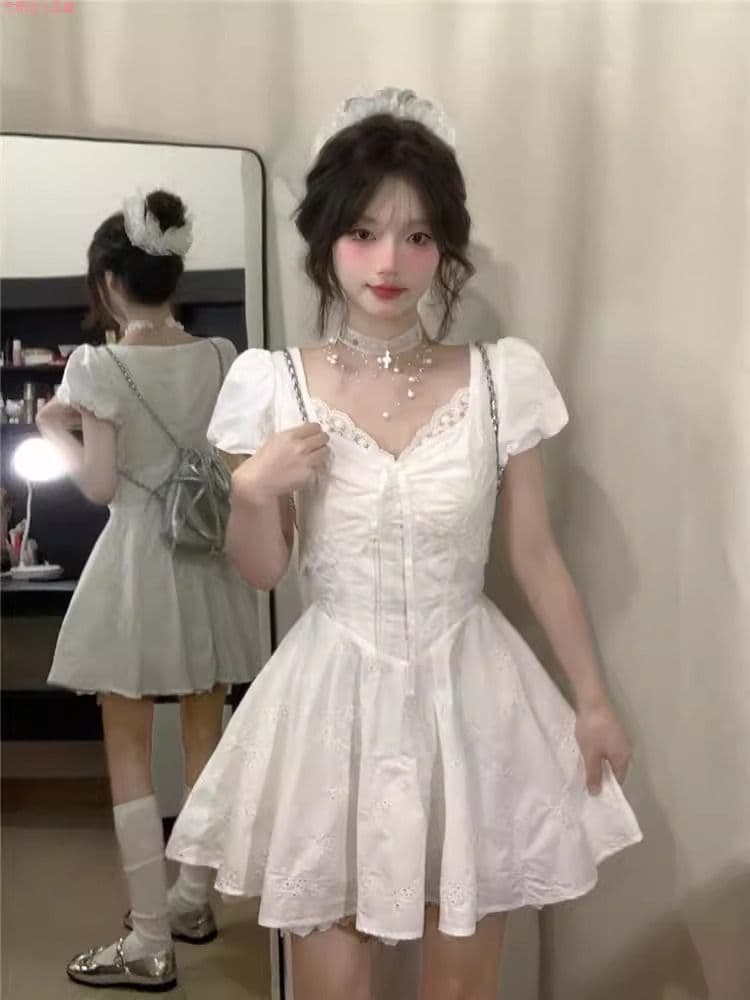 순면 자카드 원단 네리 지퍼 하나 첫사랑 달콤함 화이트 레이스 패치워크 자수 드레스 허리 수축 치마 상세 이미지 5