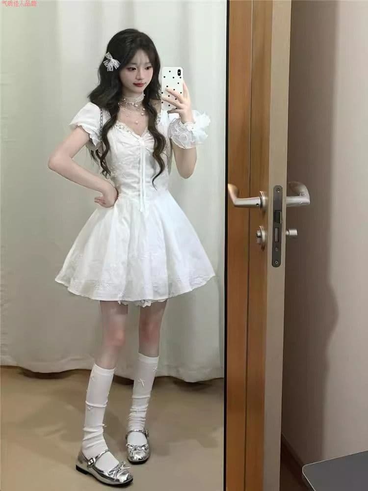 순면 자카드 원단 네리 지퍼 하나 첫사랑 달콤함 화이트 레이스 패치워크 자수 드레스 허리 수축 치마 상세 이미지 8