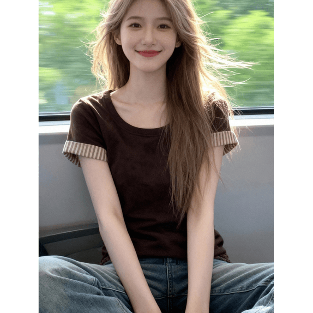 210 그램 순면 리브 92 면 8 암모니아 Lun 티셔츠 여성 여름 새로운 배색 디자인 연령 감소 슬림해 보이는 달콤한 자매 맨위 이미지 5