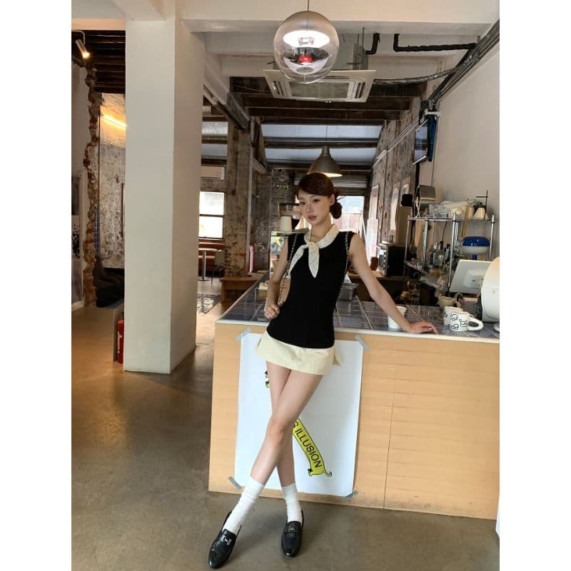모달 사람들 면 조끼 여성 여름 외출용 프랑스식 핫걸 검정색 고급 센스 자이언트 잘 생긴 ~ 중 민소매 맨위 이미지 5