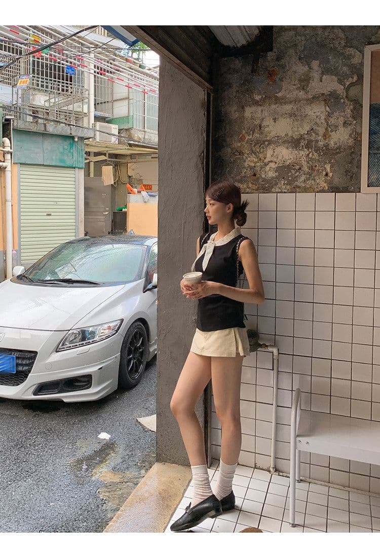 모달 사람들 면 조끼 여성 여름 외출용 프랑스식 핫걸 검정색 고급 센스 자이언트 잘 생긴 ~ 중 민소매 맨위 상세 이미지 8