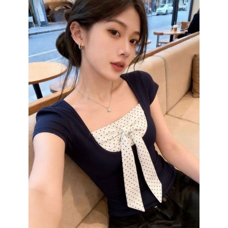 와 사고 방식 miu 첨부 된 의류 올해 인기 ~ 중 여성 슈퍼 화재 연령 감소 여름 작은 셔츠 몸매 가꾸기 반팔 티셔츠 이미지 3