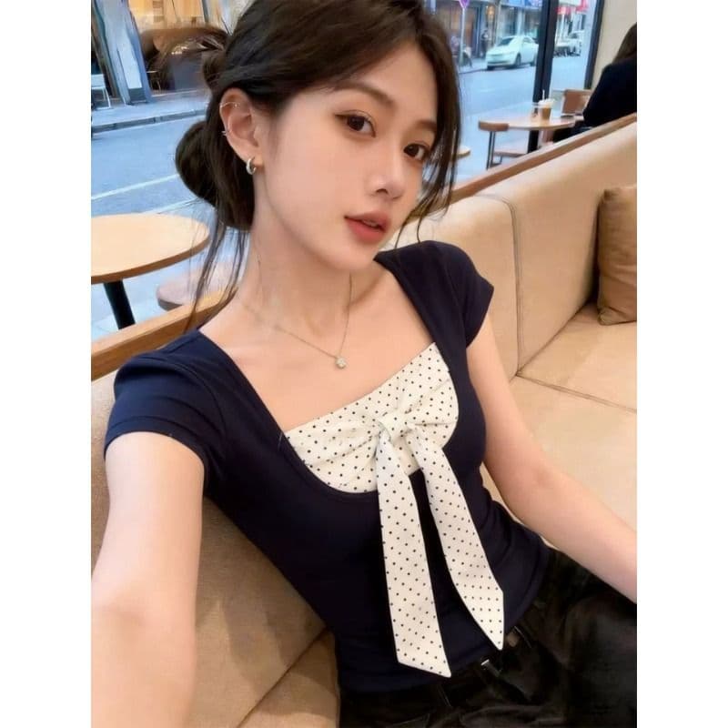 와 사고 방식 miu 첨부 된 의류 올해 인기 ~ 중 여성 슈퍼 화재 연령 감소 여름 작은 셔츠 몸매 가꾸기 반팔 티셔츠 이미지 5