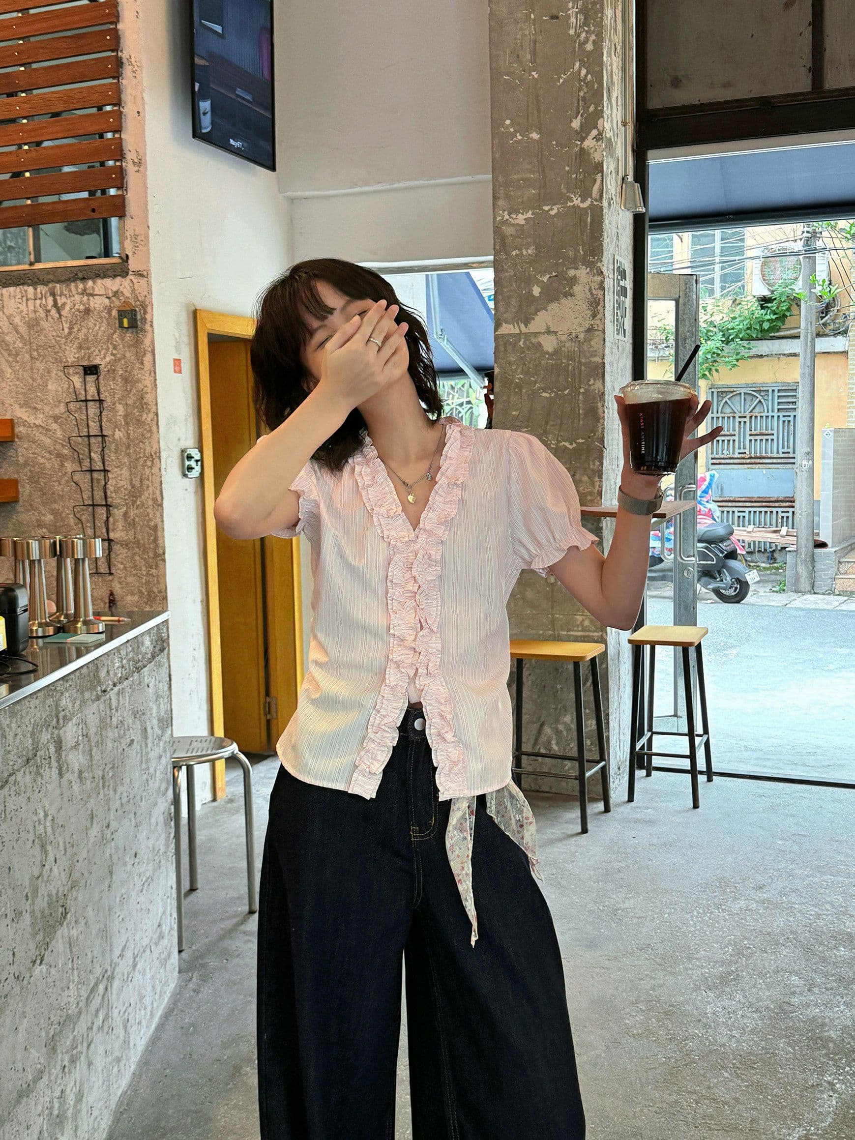 원본 것 디자인 센스 스트라이프 거품 소매 셔츠 여름 한 부서 레이스 칼라 허리 수축 반팔 맨위 상세 이미지 14