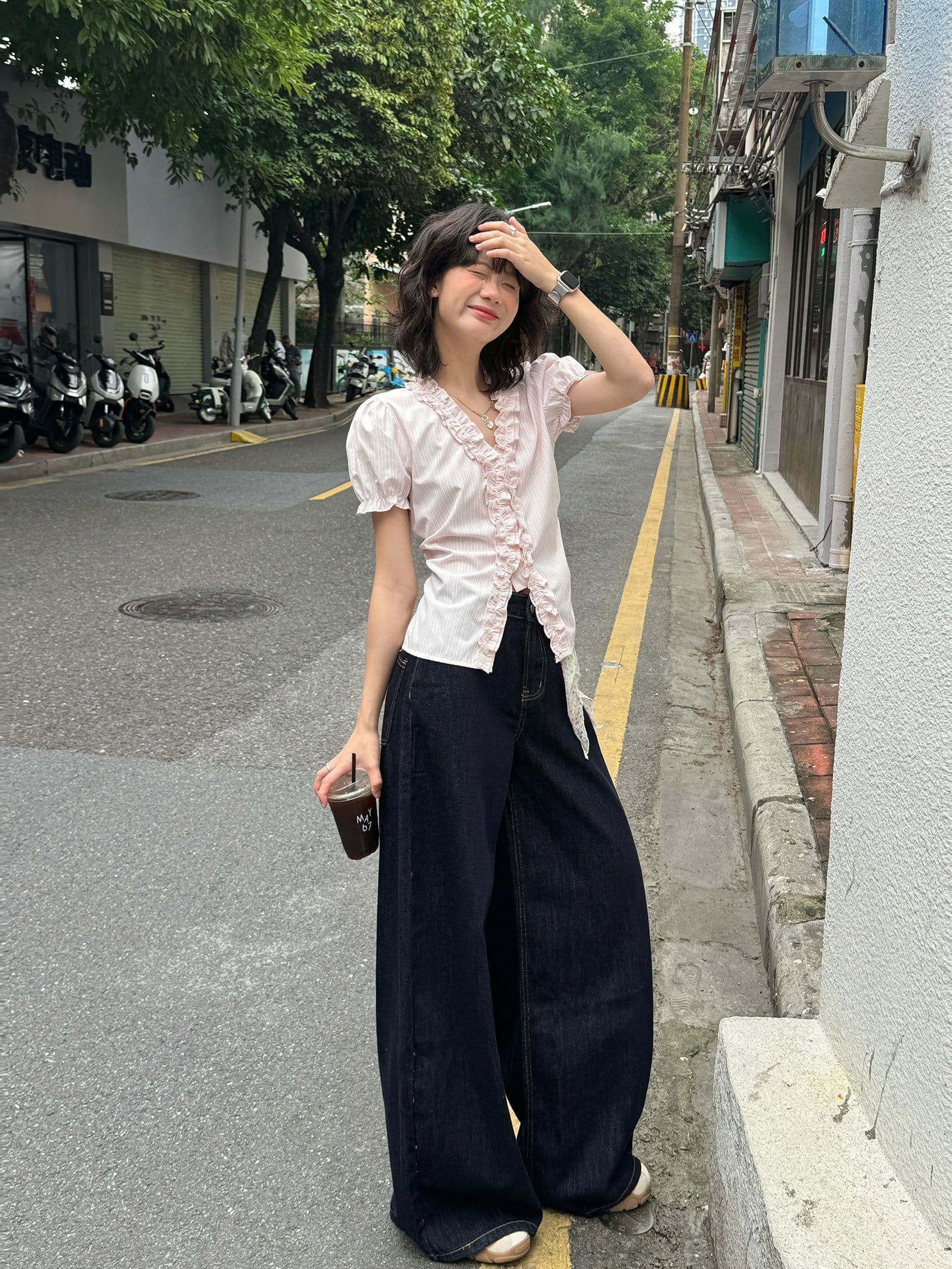 원본 것 디자인 센스 스트라이프 거품 소매 셔츠 여름 한 부서 레이스 칼라 허리 수축 반팔 맨위 상세 이미지 26